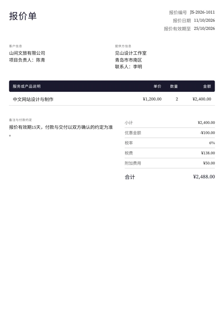 中文人民币报价单预览