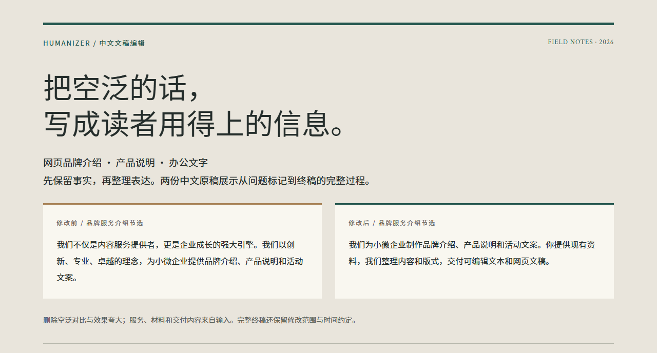 Humanizer 中文文稿编辑技能用途示意