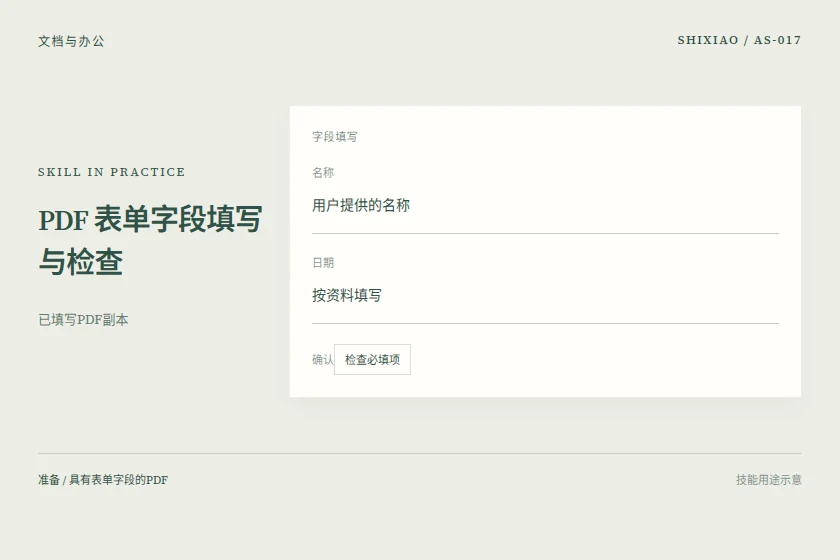 PDF 表单字段填写与检查用途示意