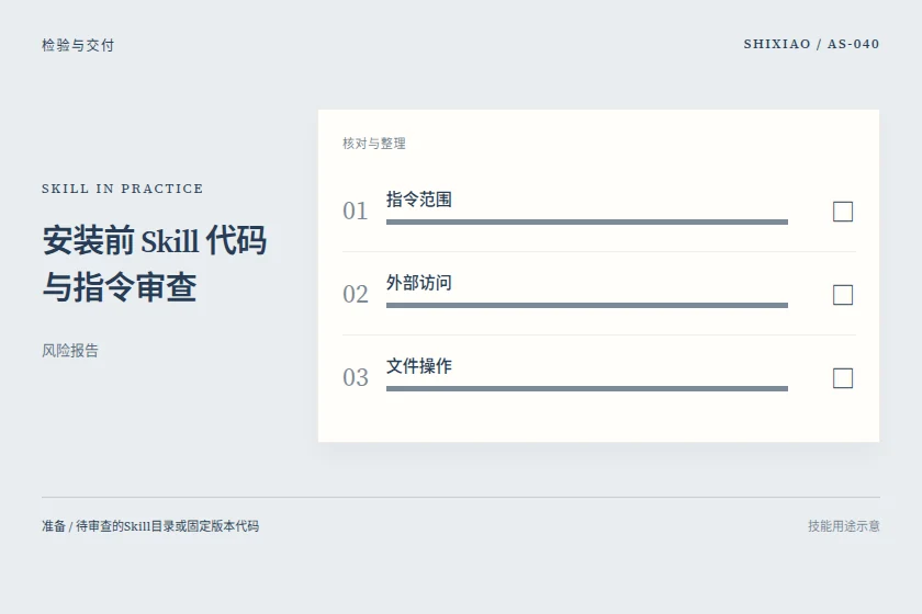 安装前 Skill 代码与指令审查用途示意